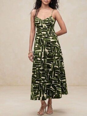 Banana Republic Poplin Cut-Out Midi Dress Size 8 Green Print Botanical Spring